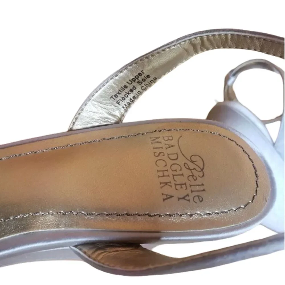 BADGLEY MISCHKA Belle Silver Satin Wedge Heels Sandals Womens Size 6